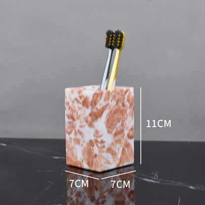 DecorBites™ Coral Pink Marble Bathroom Accessories Set: Dispenser, Dish, Holder, Tissue Box, Tray