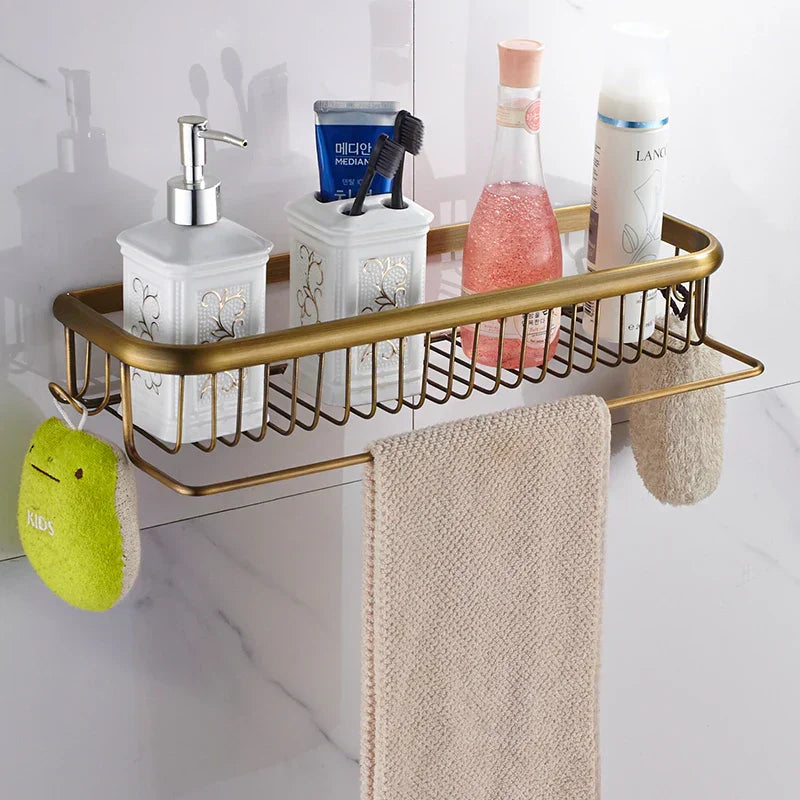 DecorBites™ Gold Brass Bathroom Shelf with Towel Hanger, Shampoo Holder, and Basket