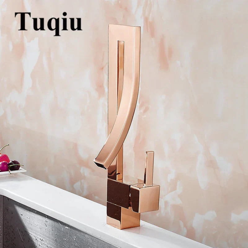 ™ Gold Brass Square Basin Faucet Single Handle Deck Mounted Bathroom Sink Mixer