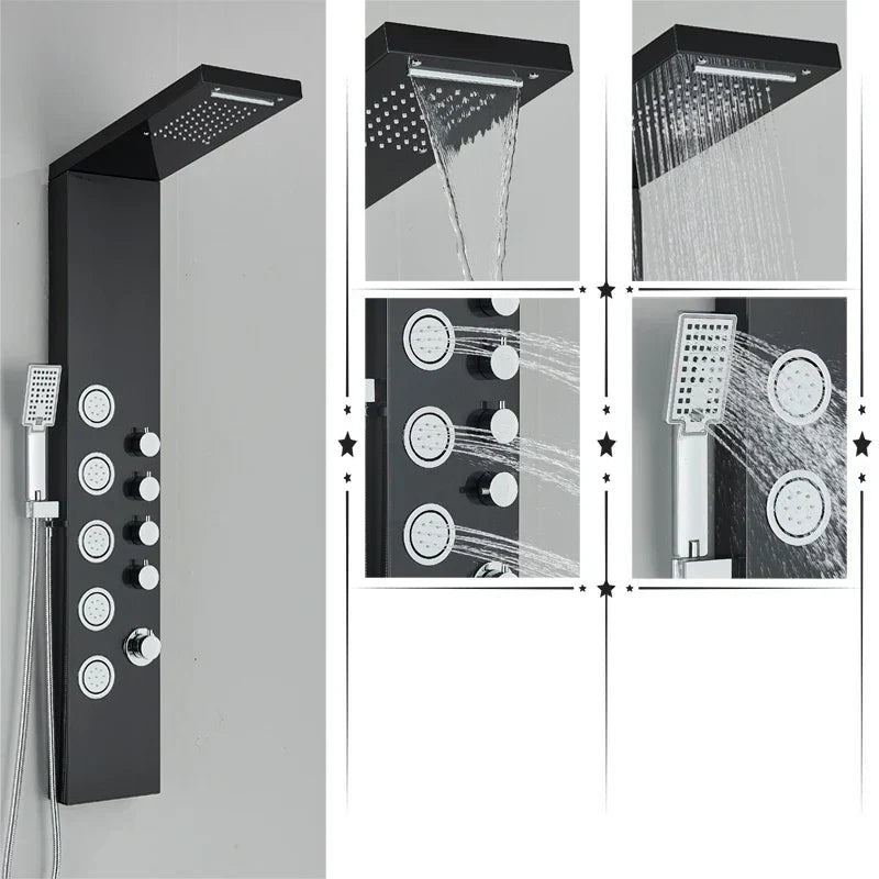 DecorBites™ Black Rainfall Shower Panel Set with Massage System and Temperature Screen