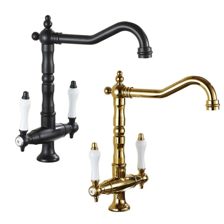 DecorBites™ Black Gold Brass Kitchen Sink Faucet with Double Handles