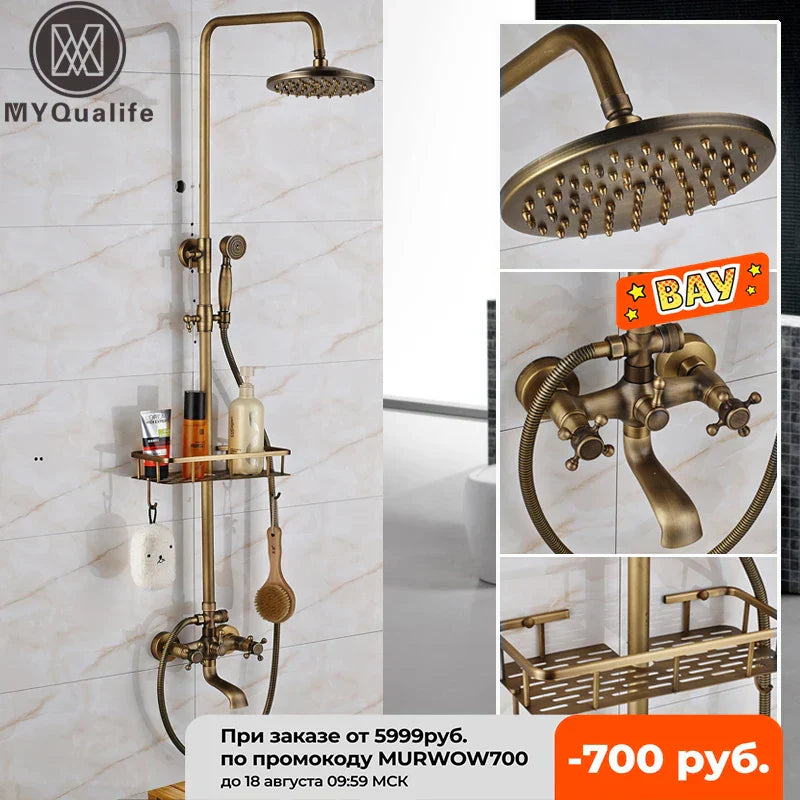 DecorBites™ Antique Brass Wall Mount Bathtub Shower Faucet Dual Handle Shelf Spout
