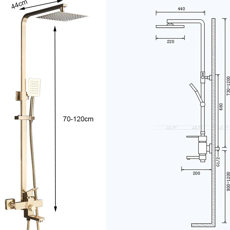 DecorBites™ Brushed Gold Shower Mixer with Rotating Tub Spout and 8" Rainfall Head