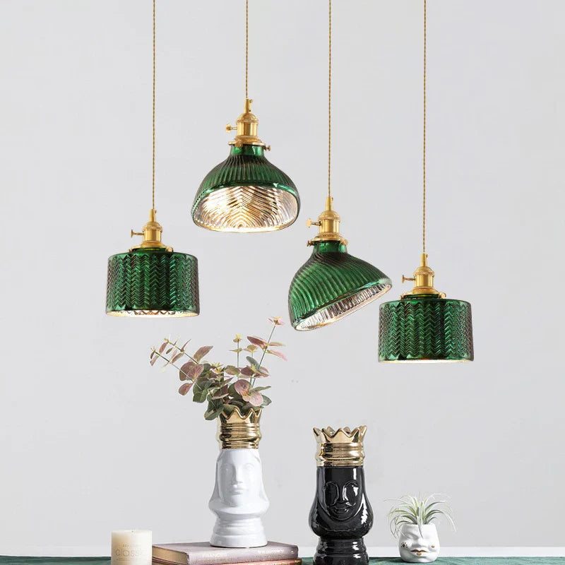 ™ Green Glass LED Chandelier: Minimalist Brass Hanging Lights