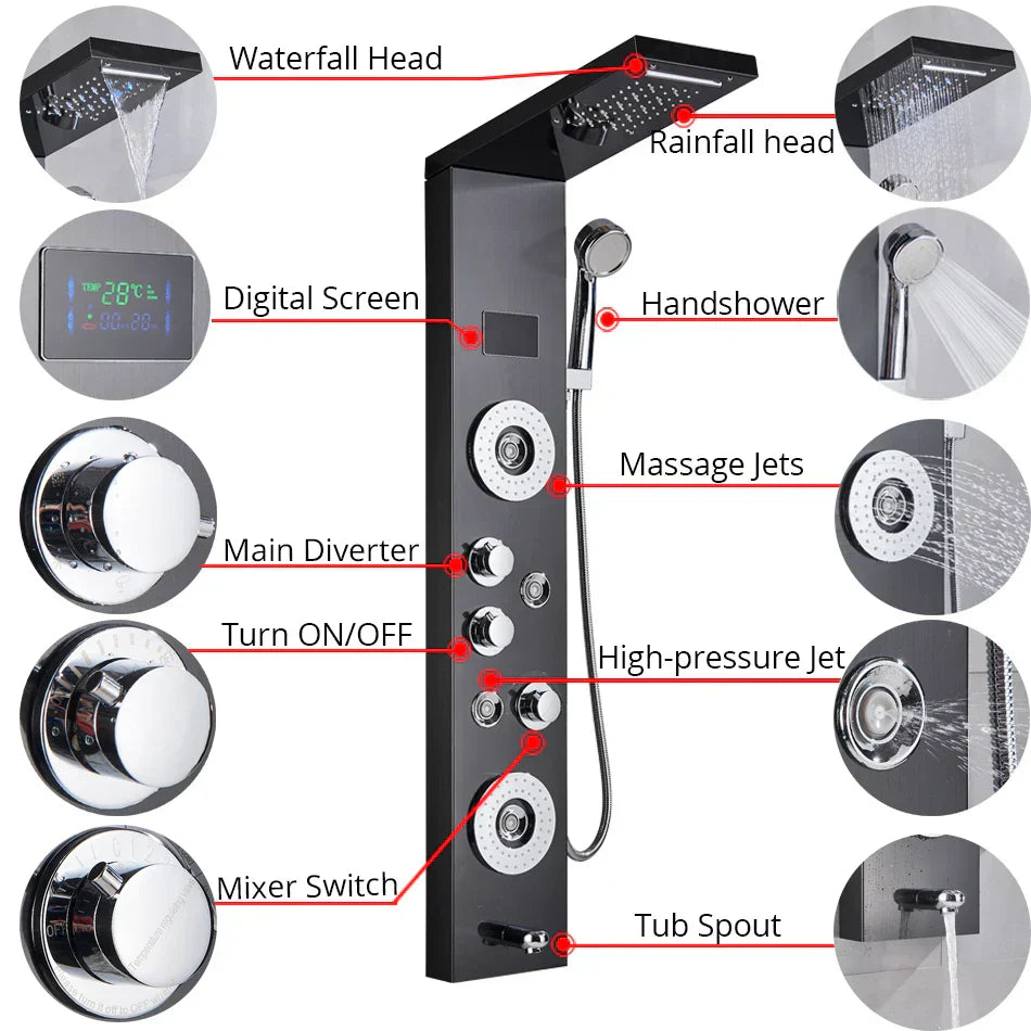 DecorBites™ LED Shower Panel Column Bathtub Mixer Tap with Temperature Screen Massage.