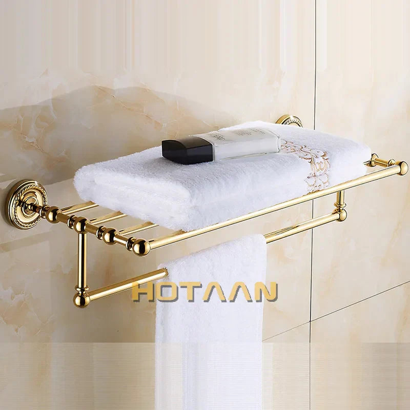 DecorBites™ Gold Brass Bathroom Accessories Set: Robe Hook, Paper Holder, Towel Bar, Towel Ring