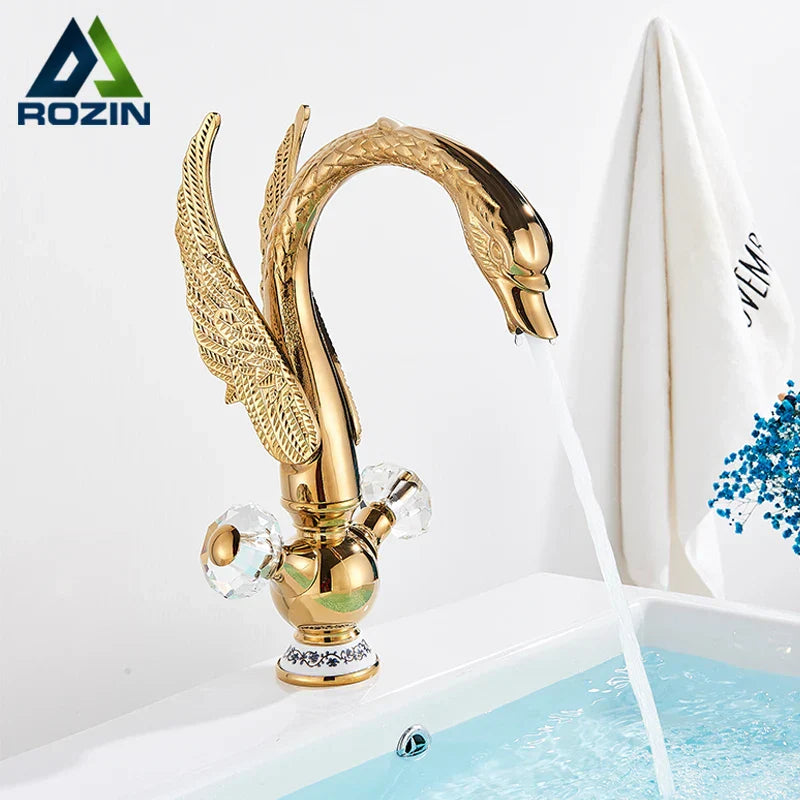 DecorBites™ Golden Swan Basin Faucet: Solid Brass, Deck Mount, Dual Handle Mixer Tap
