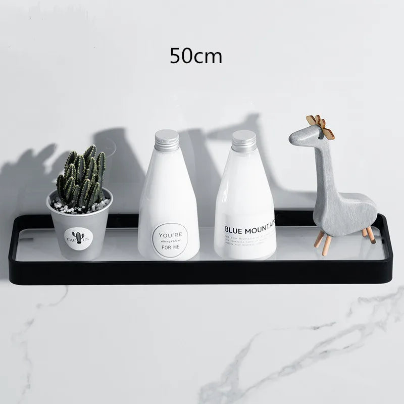 DecorBites™ Black Glass Bathroom Shelf Corner Rack, Aluminum Cosmetic Shelf for Shower Room