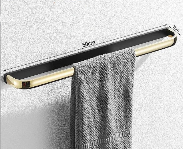 ™ Gold & Black Bathroom Hardware Set: Shelf, Towel Rack, Paper Holder, Brush Holder