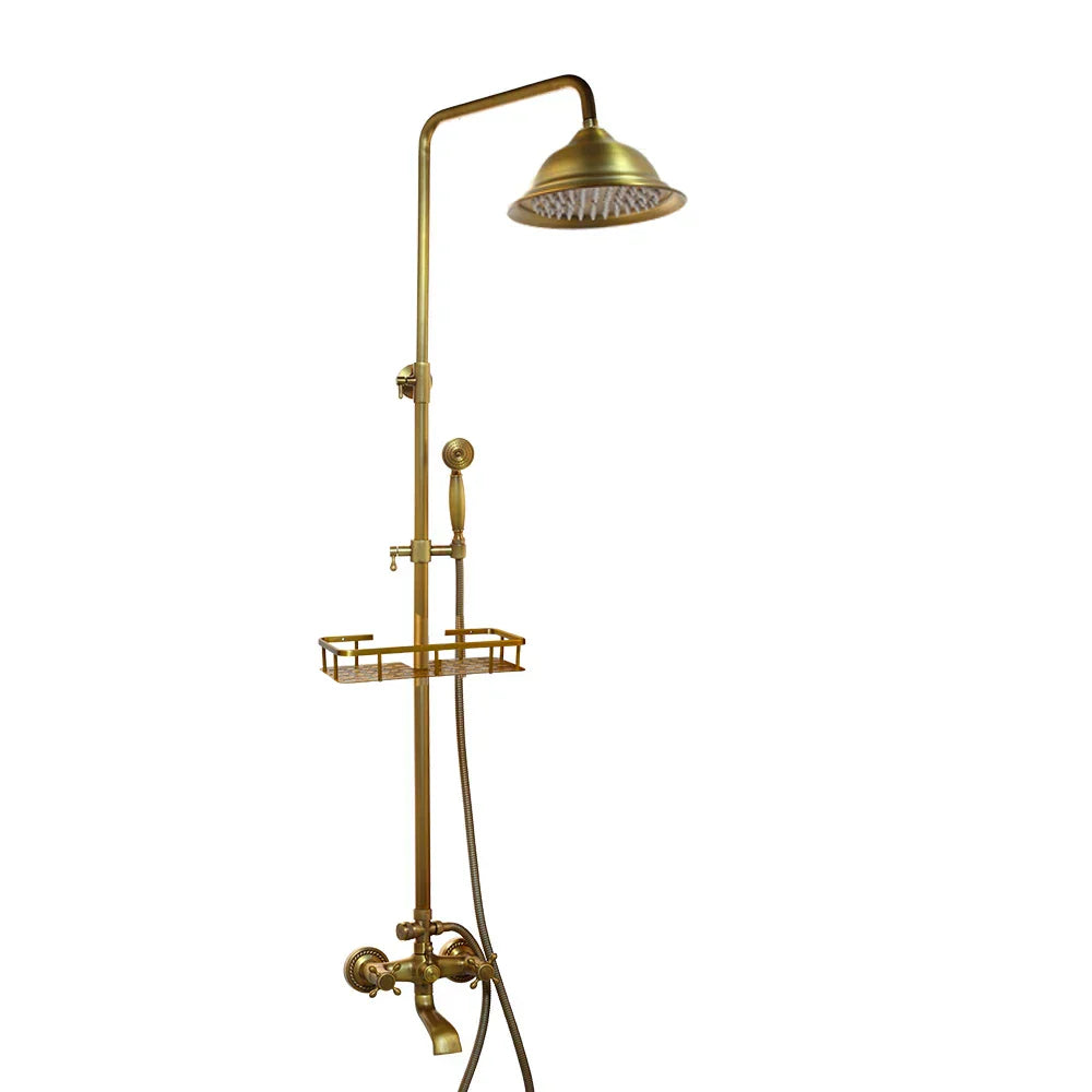 DecorBites™ Antique Brass Rainfall Shower Faucet Set with Handshower and Shelf