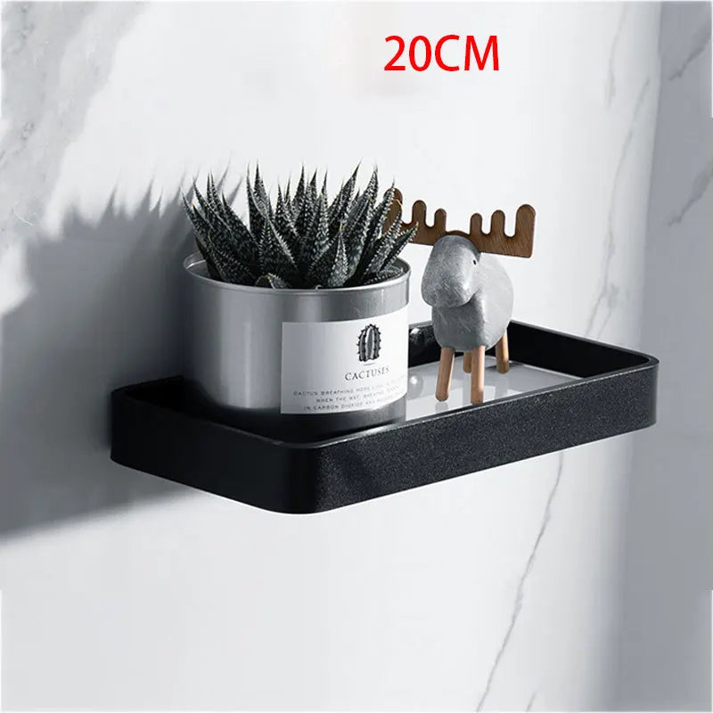 DecorBites™ Black Glass Bathroom Shelf Corner Rack, Aluminum Cosmetic Shelf for Shower Room