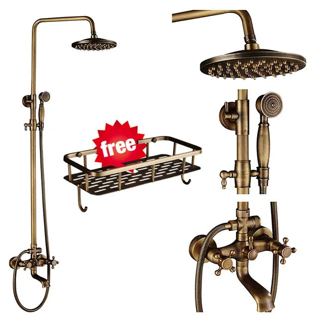 DecorBites™ Antique Brass Shower Faucet Set with 8'' Rainfall Head & Swivel Spray