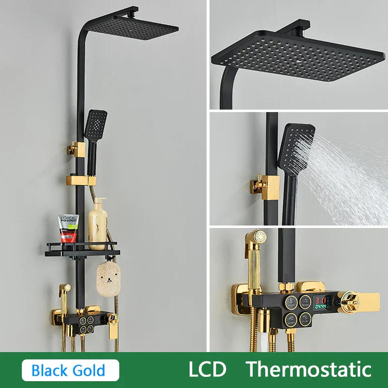 DecorBites™ Brass LCD Thermostatic Mixer Shower Set with Bidet and Tub Spout