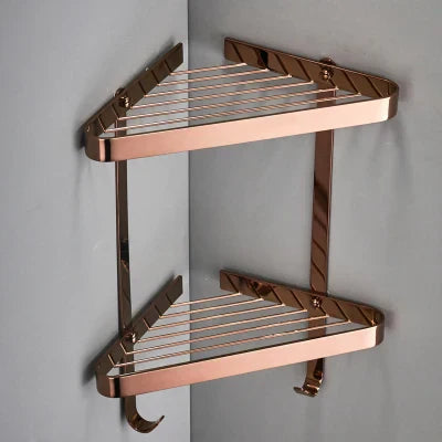 DecorBites™ Brass Bathroom Shower Rack: Brushed Gold Corner Shelf for Bath and Shower Storage