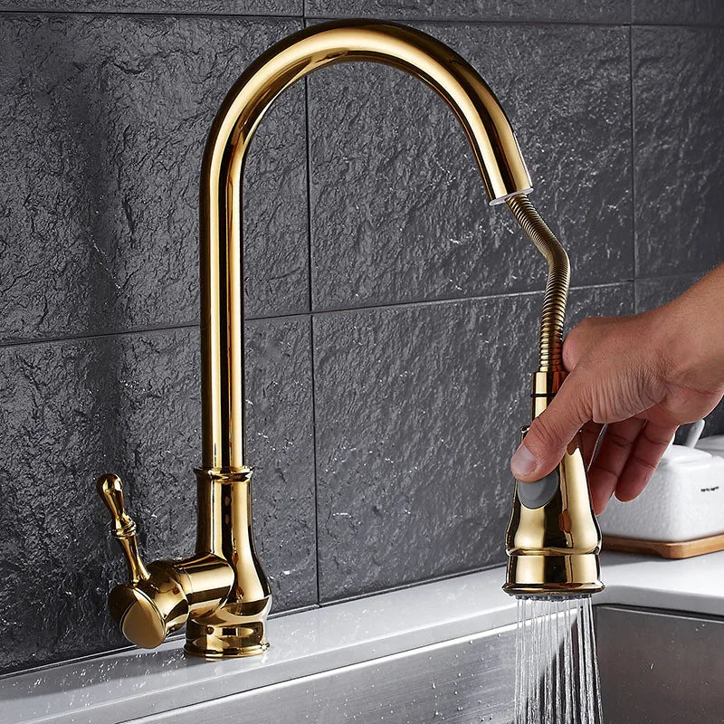 ™ Gold Kitchen Faucet Pull Out Swivel Water Mixer Tap Single Handle Sink