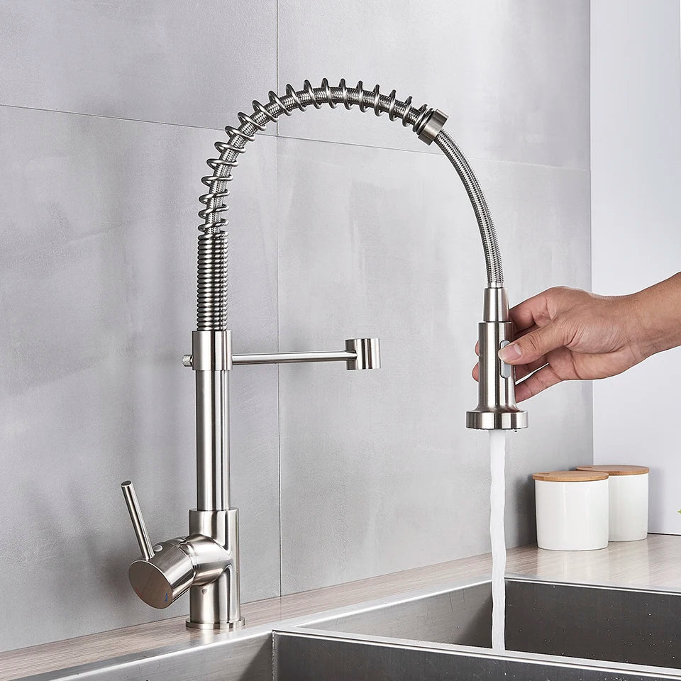DecorBites™ Brushed Nickel Pull Down Kitchen Faucet - 360° Rotation Hot Cold Water Mixer