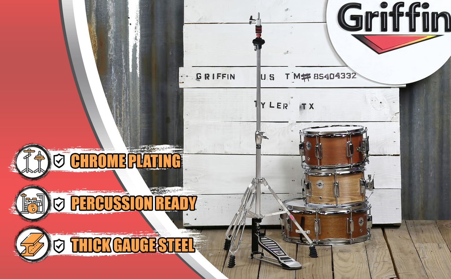 Deluxe Hi-Hat Stand by GRIFFIN | Hi Hat Cymbal Pedal With Pull Chain | HiHat Mount with Chrome Double Braced Hardware Accessory Set | Adjustable High Hat Holder Ideal for Mobile Percussion Drummers