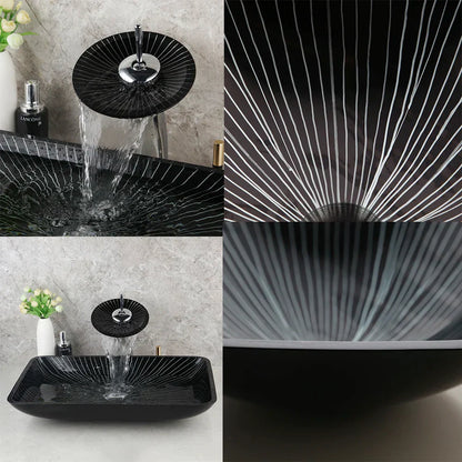 DecorBites™ Black Glass Bathroom Sink Set with Hand Painted Design & Waterfall Faucet