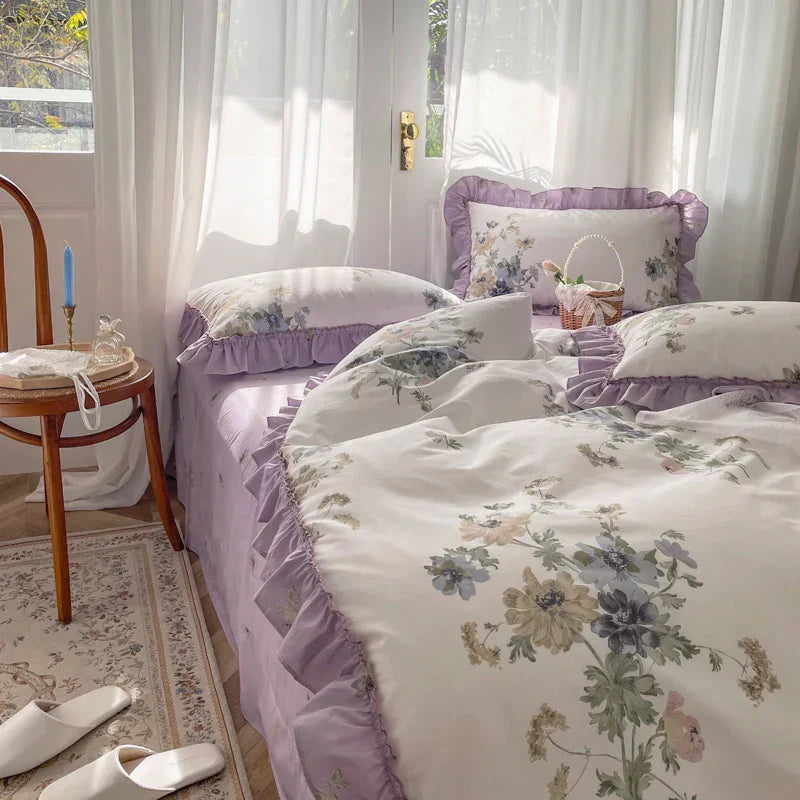 DecorBites™ Gardenia Print Princess Bedding Set with Ruffles and Pillowcases