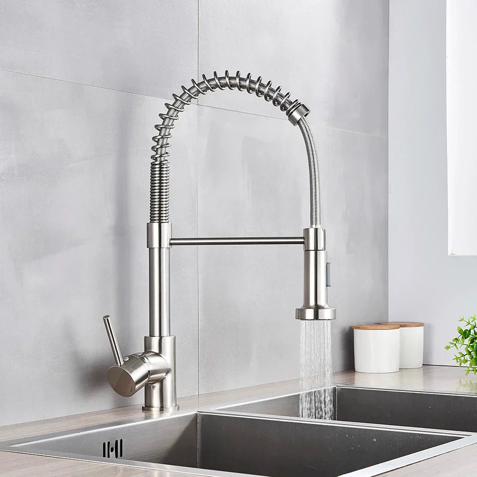 DecorBites™ Brushed Nickel Pull Down Kitchen Faucet - 360° Rotation Hot Cold Water Mixer