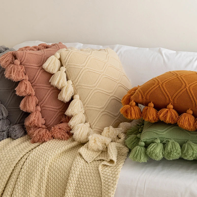 DecorBites™ Boho Style Ivory Green Pink Tassles 45x45cm Cushion Cover for Home Decoration