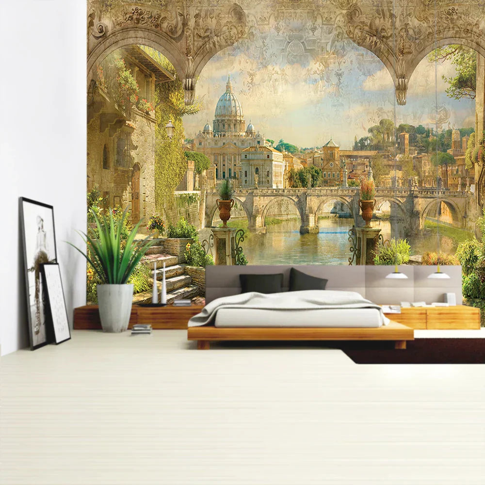 DecorBites™ Green Plant Landscape Tapestry | Boho Wall Hanging for City Castle Hill