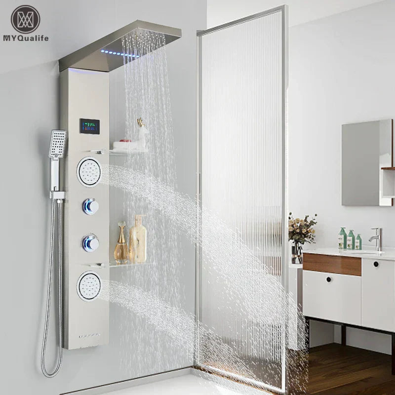 DecorBites™ Brushed LED Light Shower Faucet SPA Massage Shower Column Waterfall Panel