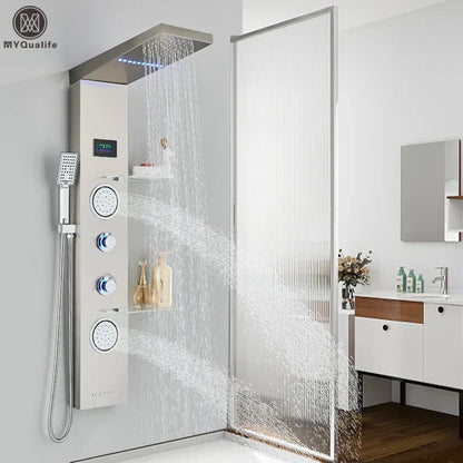 DecorBites™ Brushed LED Light Shower Faucet SPA Massage Shower Column Waterfall Panel