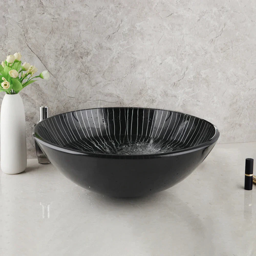 DecorBites™ Black Glass Bathroom Sink Set with Hand Painted Design & Waterfall Faucet