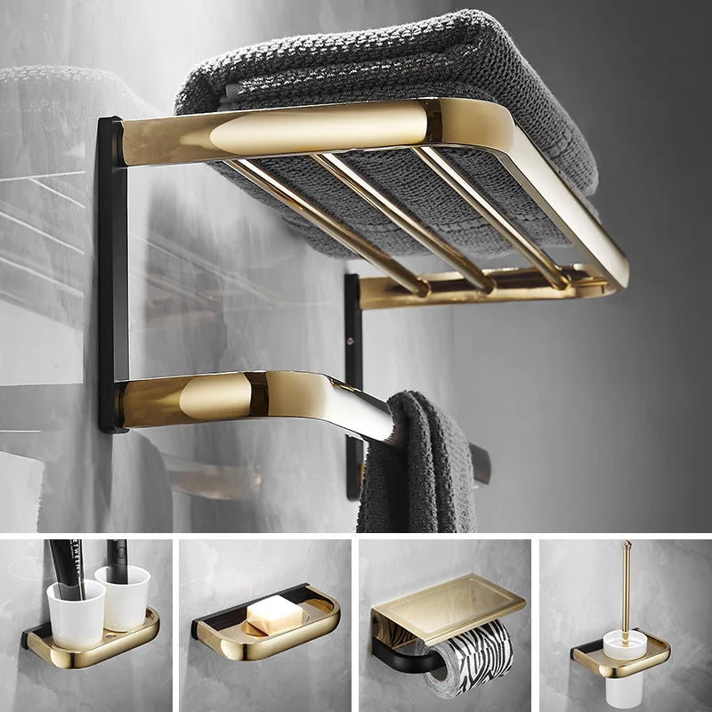 ™ Gold & Black Bathroom Hardware Set: Shelf, Towel Rack, Paper Holder, Brush Holder