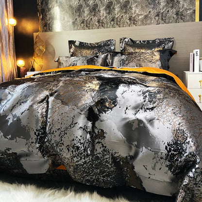 DecorBites™ Black Gold Jacquard Egyptian Cotton Bedding Set, Satin Duvet Cover, Fitted Sheet Pillowcases