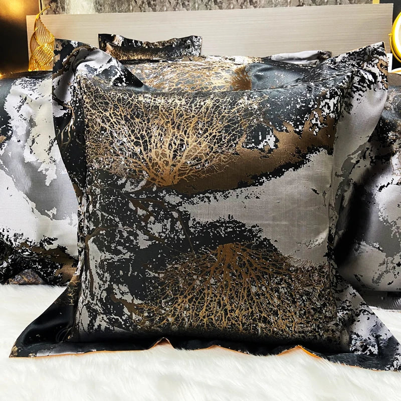 DecorBites™ Black Gold Jacquard Egyptian Cotton Bedding Set, Satin Duvet Cover, Fitted Sheet Pillowcases