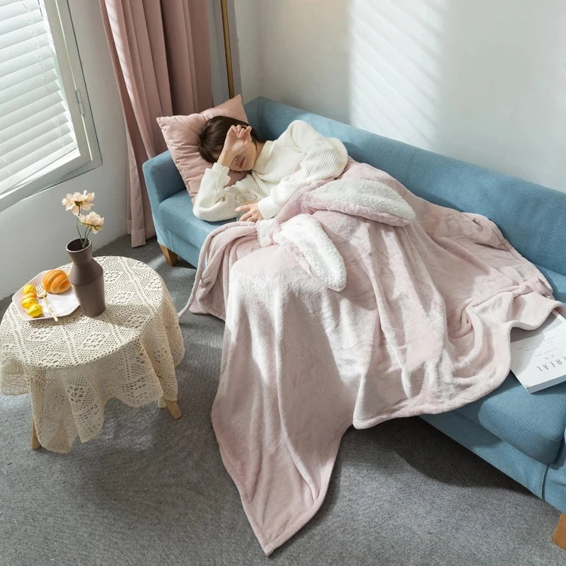 DecorBites™ Kawaii Rabbit Hooded Blanket: Coral Velvet Warm Throw Blanket for Adults and Kids