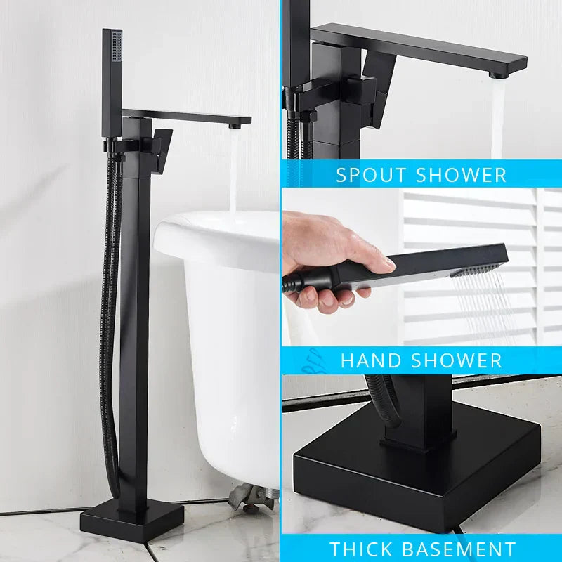 DecorBites™ Black Floor Mounted Bathtub Faucet Set with Waterfall Mixer Tap