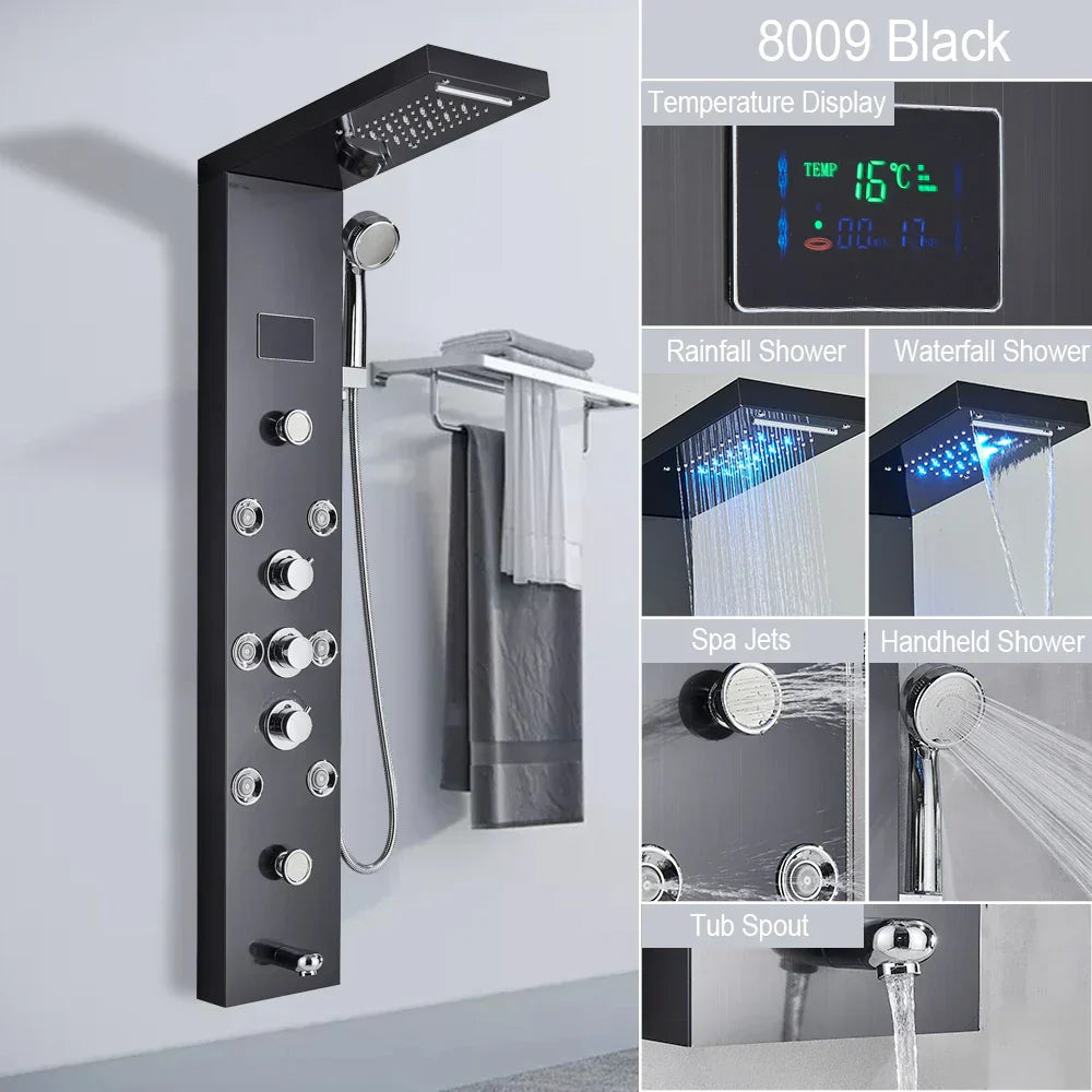 DecorBites™ Brushed LED Light Shower Faucet SPA Massage Shower Column Waterfall Panel