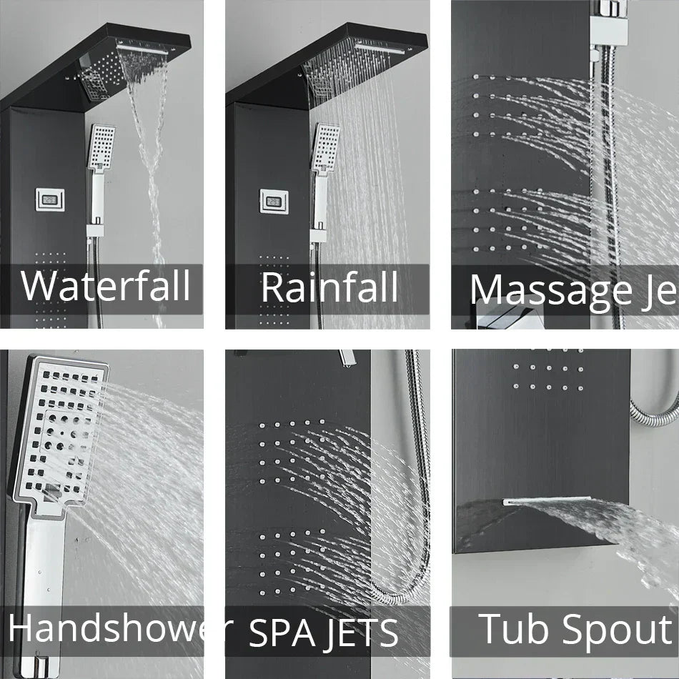 DecorBites™ Black Rainfall Shower Panel Set with Massage System and Temperature Screen