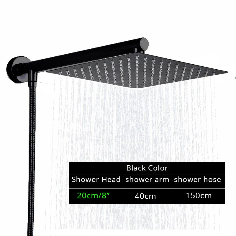 DecorBites™ Black Ultrathin Rainfall Shower Head with Arm Bracket, Hose & Faucet Set