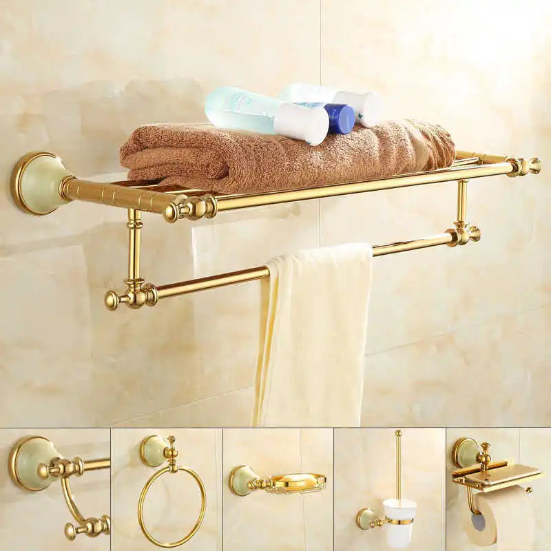 ™ Gold Bathroom Accessories Set: Shelf, Towel Rack, Holder, Brush Holder, Bath Hardware
