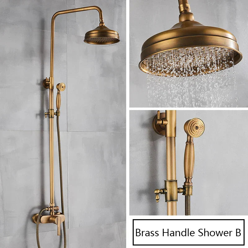 DecorBites™ Antique Brass Shower Set Single Handle Wall Mount Rainfall Mixer Faucet