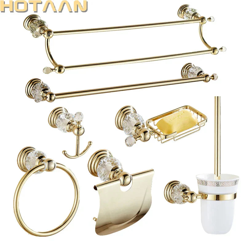 ™ Gold Crystal Bathroom Accessories Set: Luxe Brass Bath Hardware Wall Mount Collection