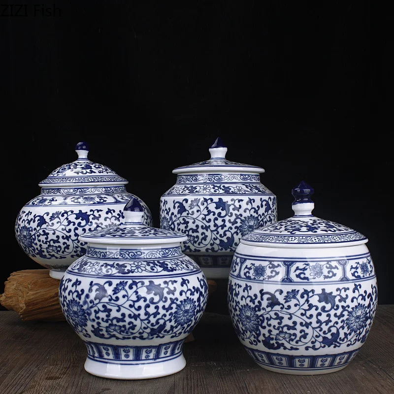 DecorBites™ Blue White Porcelain Storage Tank for Living Room Decor & Small Objects.