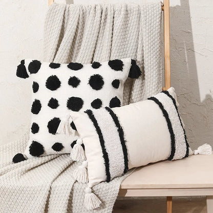 DecorBites™ Boho Tufted Beige White Tassel Pillow Cover Home Decor Square Beaded Case