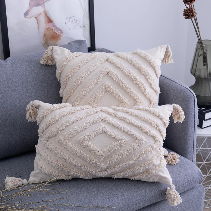 DecorBites™ Beige Tassels Cushion Cover, Handmade Square Home Decoration for Living Room