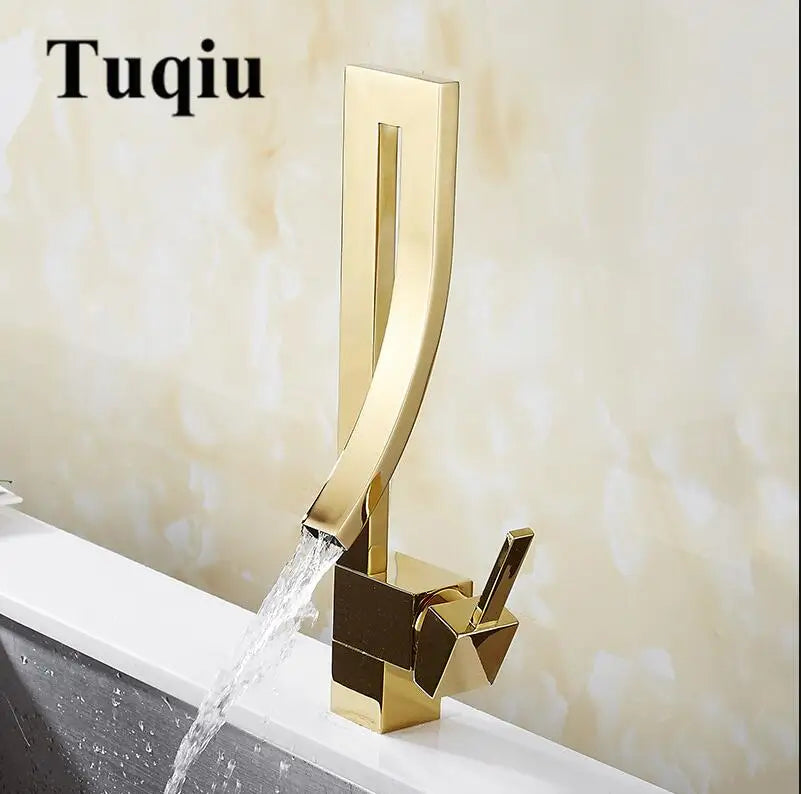 ™ Gold Brass Square Basin Faucet Single Handle Deck Mounted Bathroom Sink Mixer