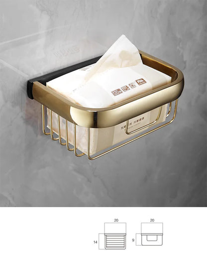 ™ Gold & Black Bathroom Hardware Set: Shelf, Towel Rack, Paper Holder, Brush Holder