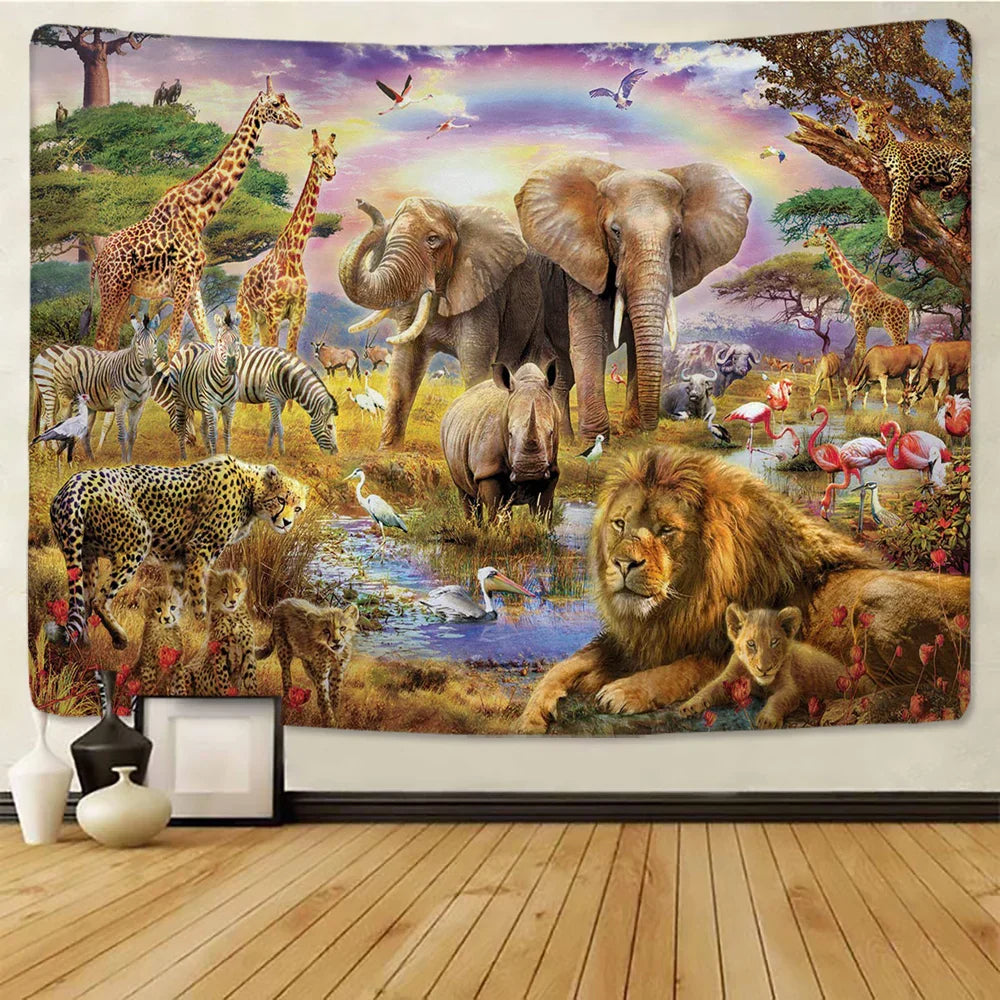DecorBites™ Lion Tapestry African Grassland Animals Cartoon Wall Hanging Blanket