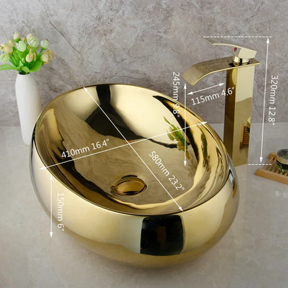 DecorBites™ Golden Plated Ceramic Basin Sink & Faucet Tap Set with Pop Drain