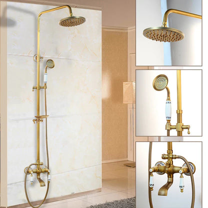 DecorBites™ Antique Brass Rainfall Shower Faucet Set with Handshower and Shelf