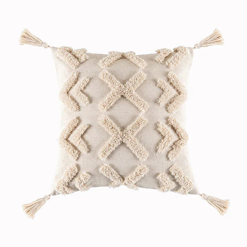 DecorBites™ Beige Tassels Cushion Cover, Handmade Square Home Decoration for Living Room