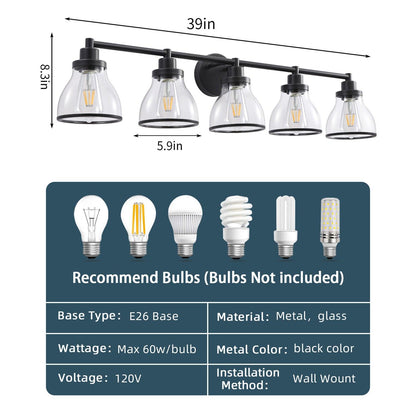 Hermosa Modern Polished Nickel & Black 5-Light Bathroom Vanity Light